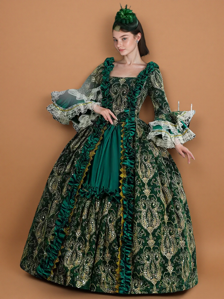 Marie Antoinette Rococo Style Dress in Green Brocade with Lace Bell Sleeves – Victorian Ball Gown Plus Size