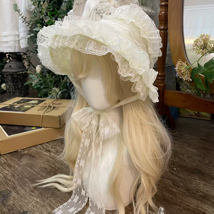 Handmade Floral Lace Lolita Hat - Vintage-Inspired Lace Bonnet with Ribbon Ties