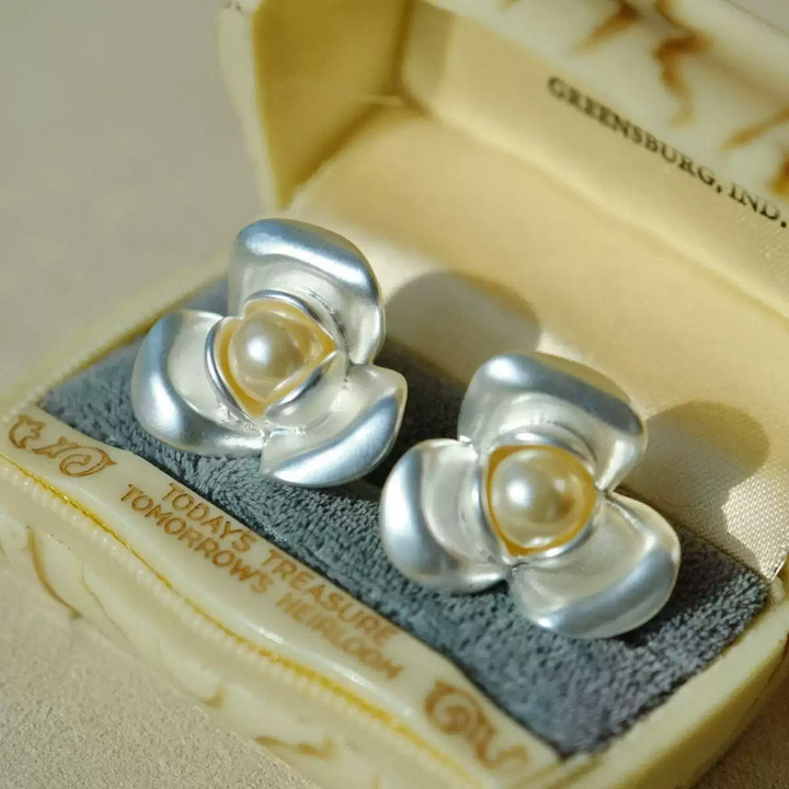 Dew on Petals – Handmade Vintage Pearl Camellia Earrings – Camellia Buds