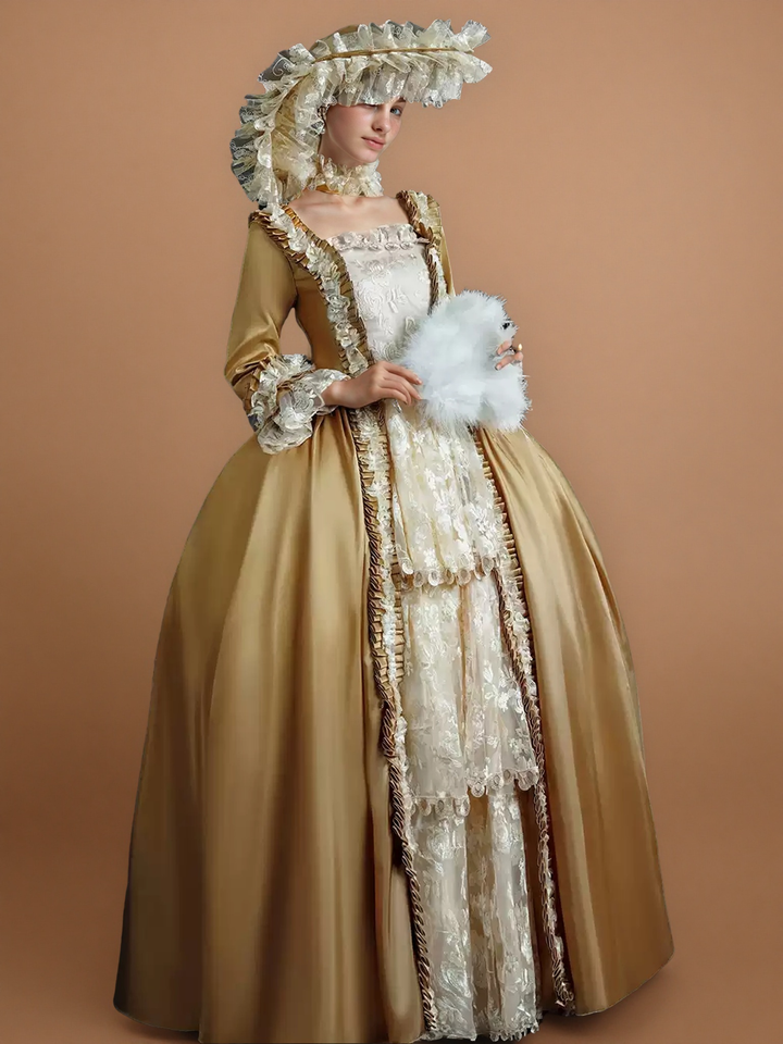 Golden Rococo Court Gown – Vintage Gold Satin Dress with Lace Ruffles and Pannier Silhouette
