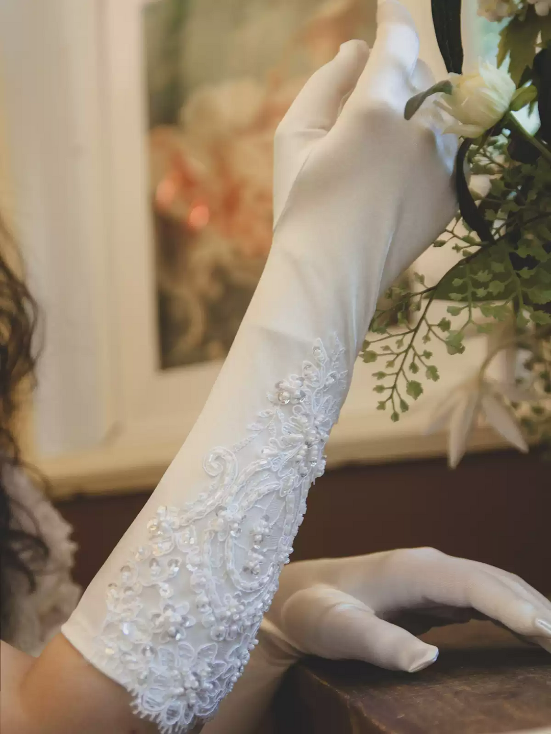 Luxurious Satin Bridal Gloves with Elegant Lace Detailing