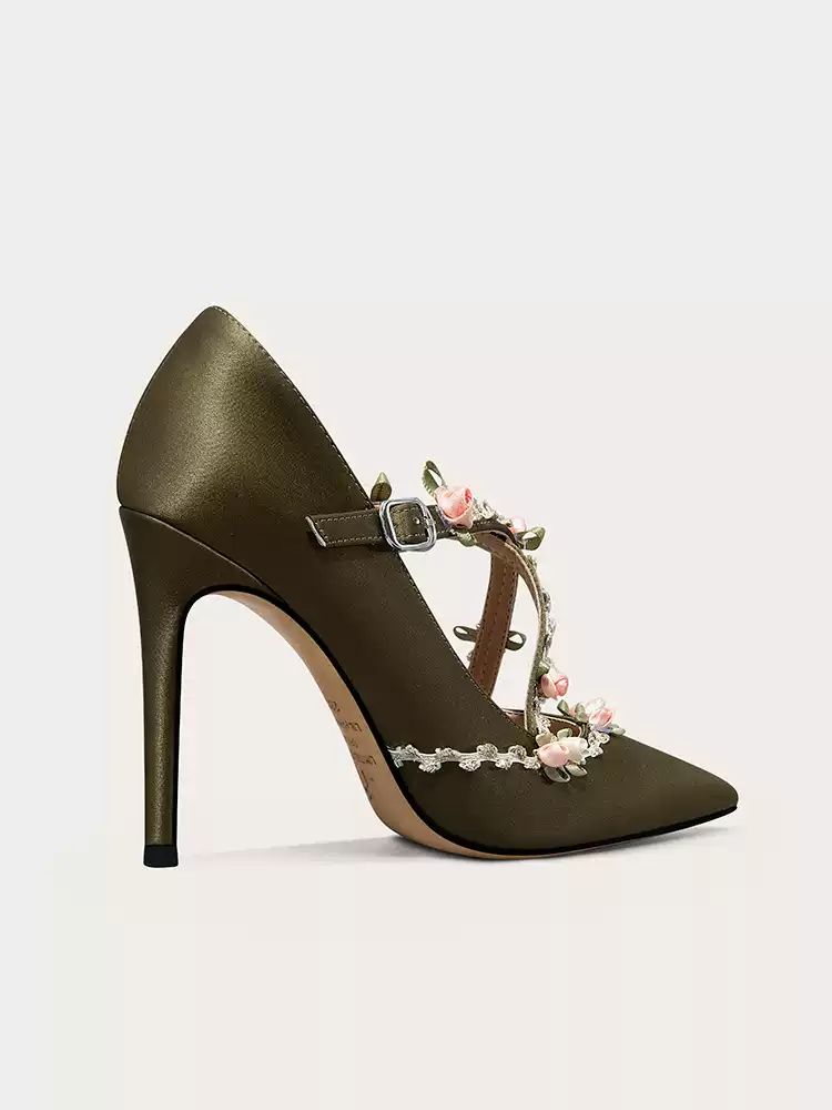 Vintage-Inspired Champagne Elegant Cross-Strap High Heels with Vine Details