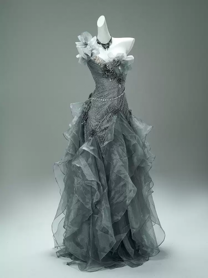 Gray Layered Tulle Ruffle Dress with Floral Appliqué – One Shoulder Evening Dress with Lace-Up Back Plus Size