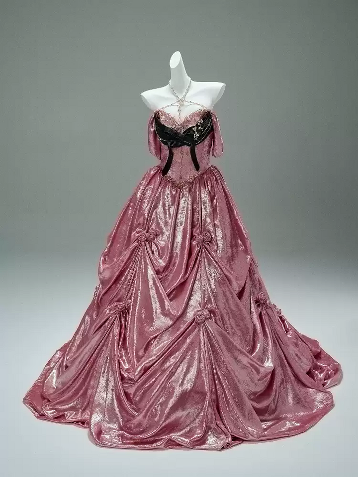 Prom Dress Pink Ball Gown with Draped Skirt – Pink Tulle Ball Gown with Black Velvet Bow and Corset Bodice Plus Size