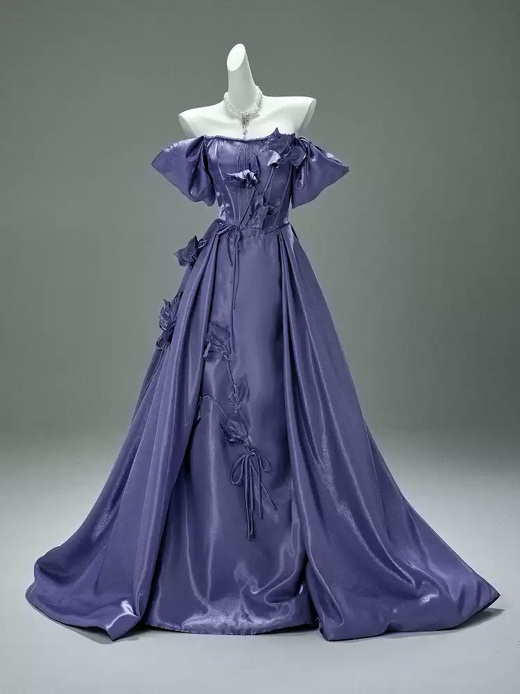 Purple Off the Shoulder Evening Dress with Floral Appliqué – Satin Evening Gown with Lace-Up Back Plus Size