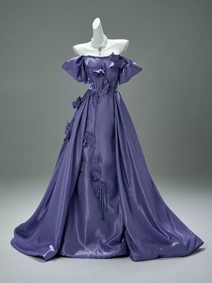 Purple Off the Shoulder Evening Dress with Floral Appliqué – Satin Evening Gown with Lace-Up Back Plus Size