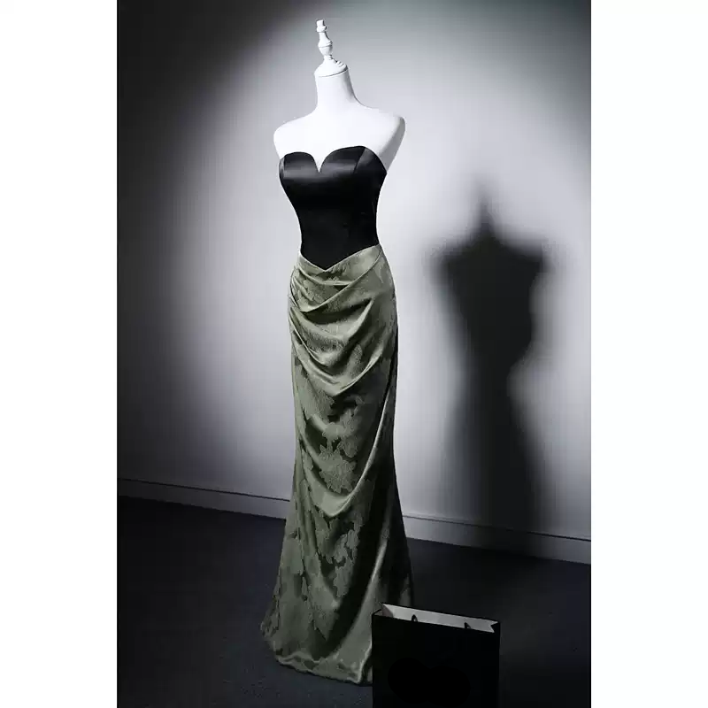 Designer Green and Black Strapless Evening Gown with Draped Skirt – Elegant Formal Evening Dress Plus Size