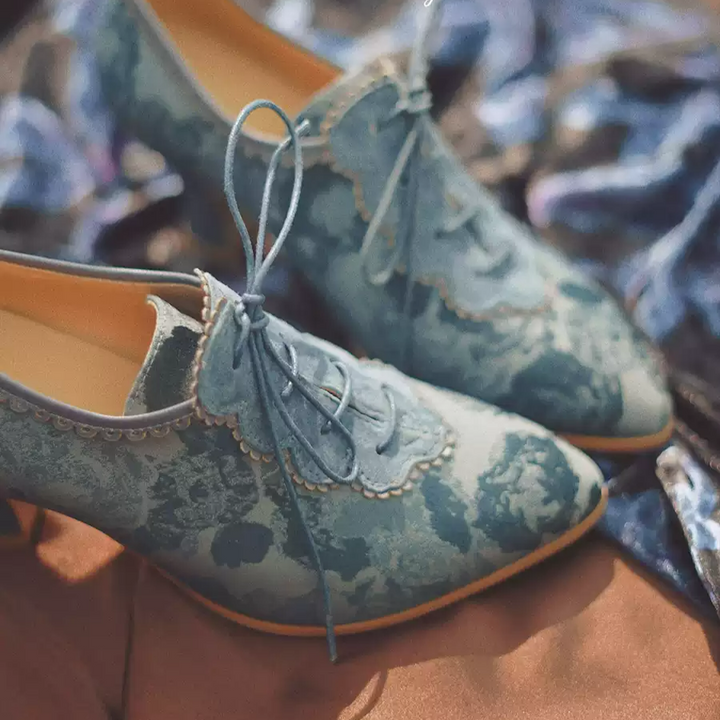 "Moonlit Sonata" – Handmade Watercolor Lace-Up Heeled Oxfords
