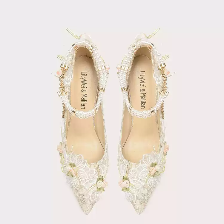 Lolita Floral Pearl-Embellished Pointed-Toe Heels for Bridal