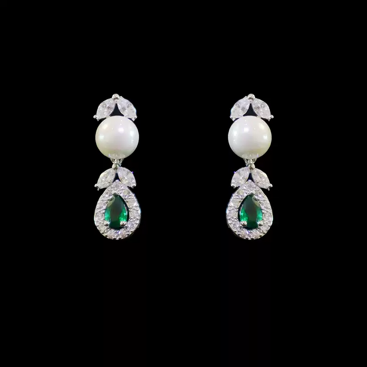 Pearl and Green Zircon Jewelry Set - Teardrop Pearl Necklace and Earring Set