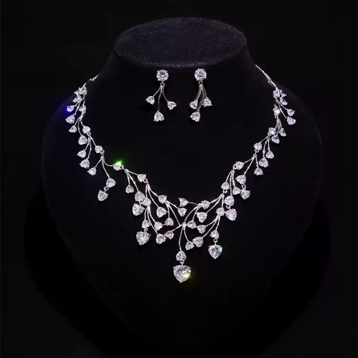 Vintage Inspired Zircon Bridal Crown - Bridal Necklace and Earrings Set