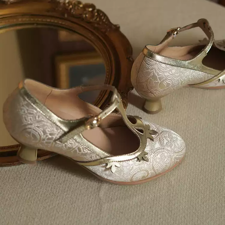 "Golden Garden" – Handmade Embroidered T-Strap Mary Jane Heels