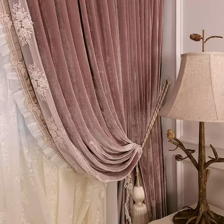 “Rosé Mornings” Rococo Curtains – Pink Velvet Versailles Drapes with Lace Trim for Romantic Home Interiors