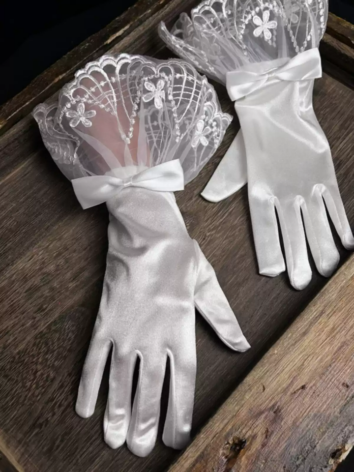 Vintage-Inspired Satin Bridal Gloves with Lace Fan Detailing and Bow Accents