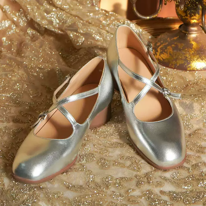 "Moonlit Waltz" – Handmade Vintage Silver Leather Mary Jane Flats