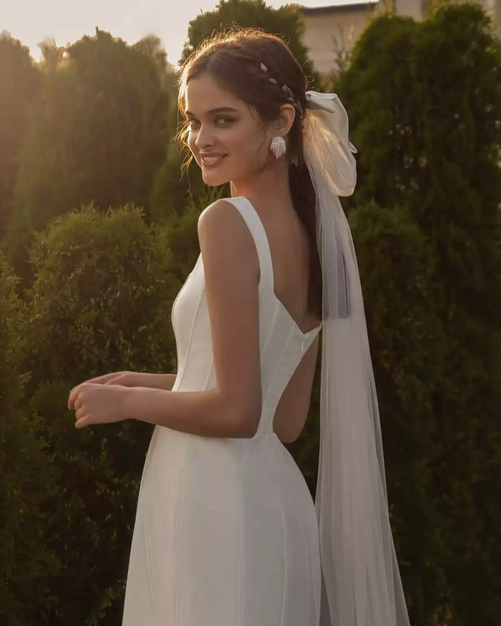 Short Wedding Party Dress with Square Neckline - Simple Elegant Satin Wedding Dress - Sleeveless Wedding Dress Plus Size
