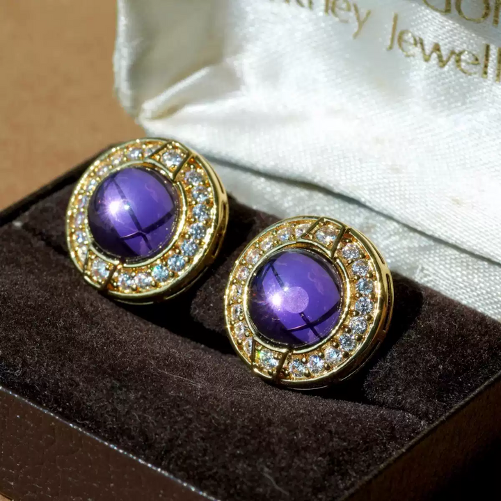 Whispers of Amethyst – Handmade Vintage-Style Purple Glass Cabochon Earrings - Purple Star Ring