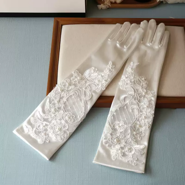 White Elegance Floral Lace Bridal Gloves - Luxurious Satin Wedding Gloves