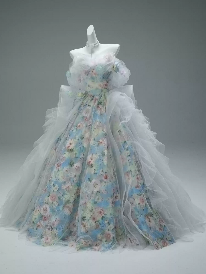 Blue Fairytale Floral Evening Dress with Oversized Bow – Off the Shoulder Evening Dress with Corset Back Plus Size