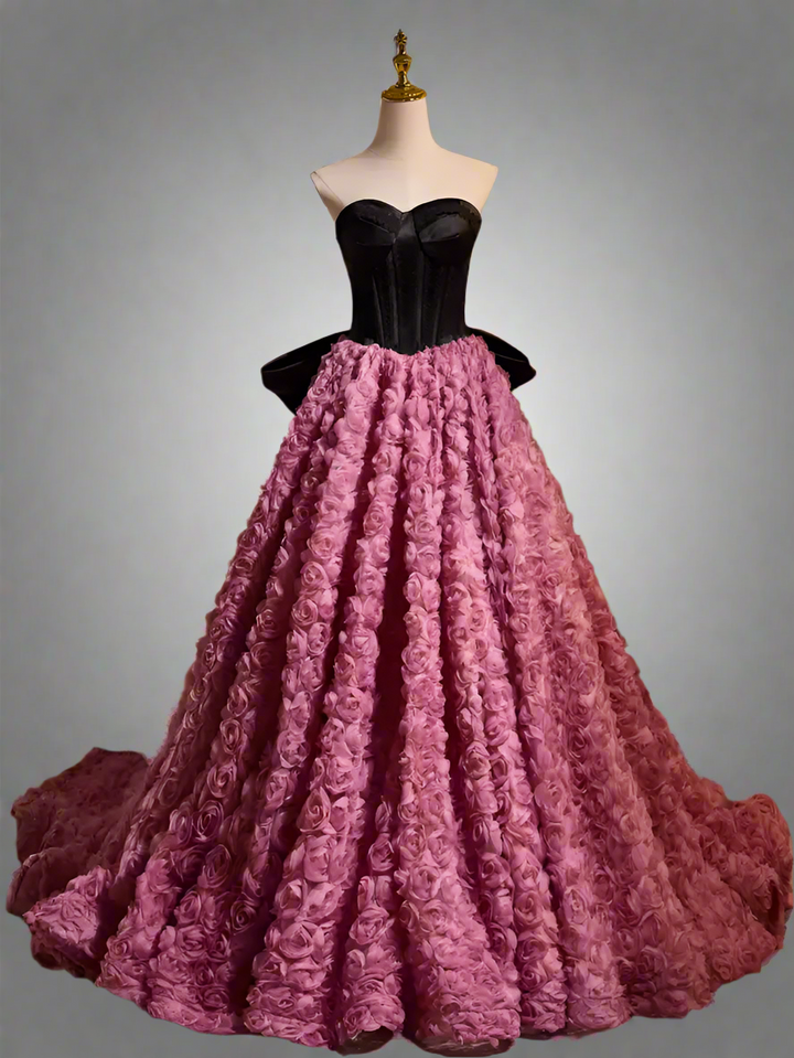 Gothic Black and Pink Ball Gown with Sweetheart Neckline - 3D Rose Dress with Strapless -  Pink and Black Floral Ball Gown with Oversized Bow Plus Size