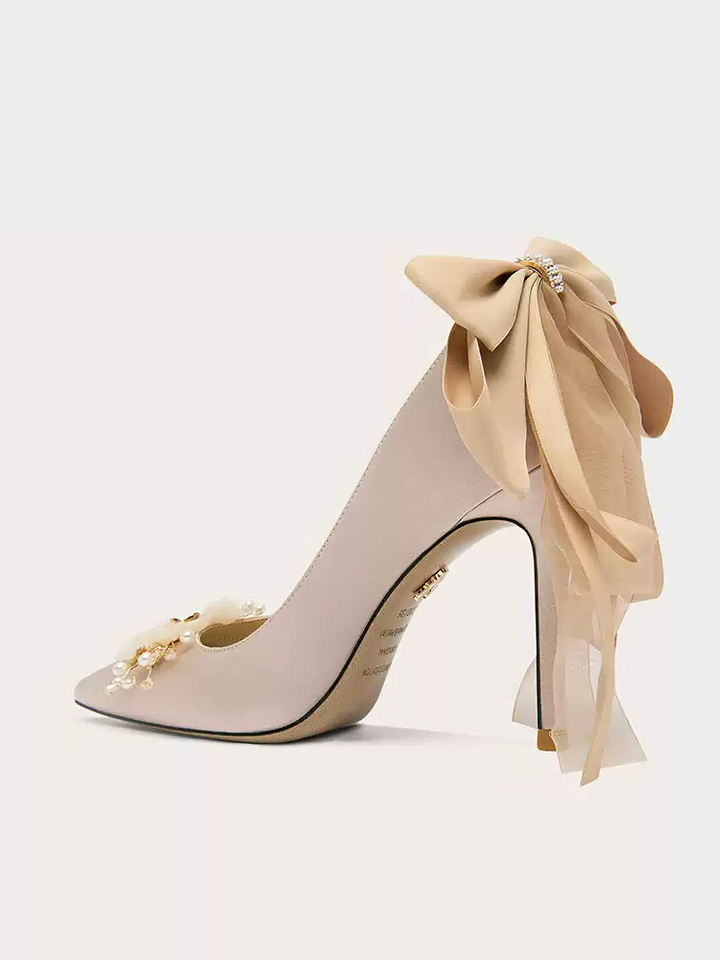 Vintage Inspired Elegant Satin Bow Bridal High Heels with Floral Appliqué
