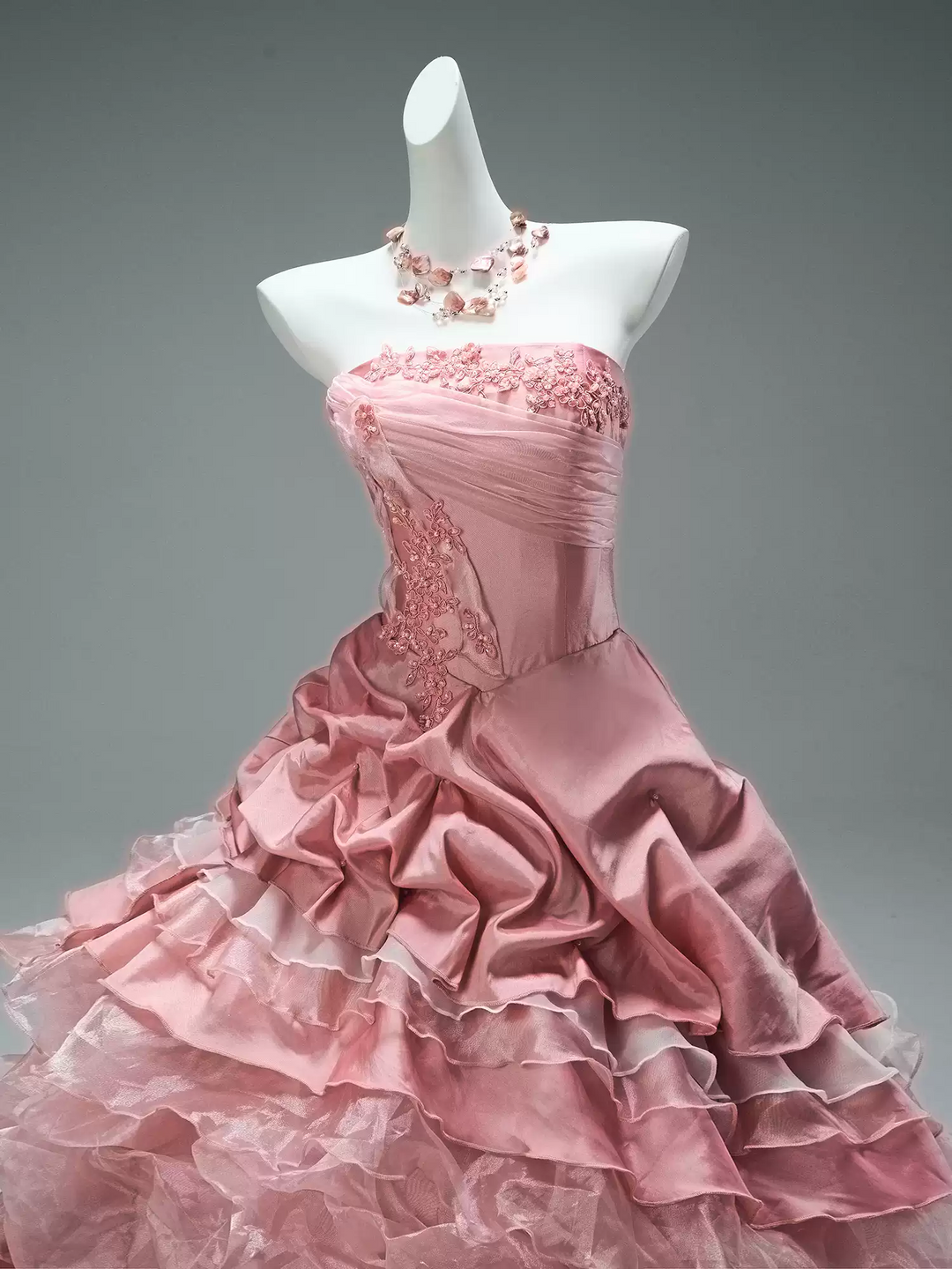 Pink Layered Tulle Ruffle Dress with Embroidery – Strapless Evening Dress with Corset Back Plus Size