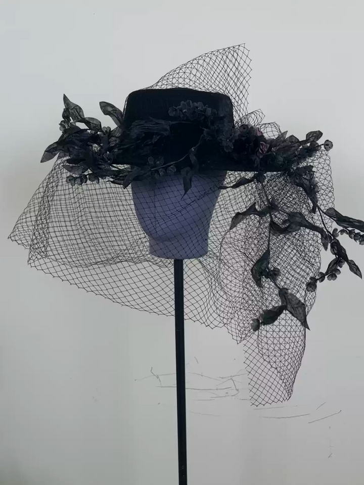 Gothic Black Top Hat with Feather and Floral Accents - Black Hat with Feather and Veil