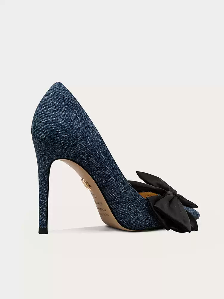 Gothic Deep Blue Denim High Heels with Bow Detail