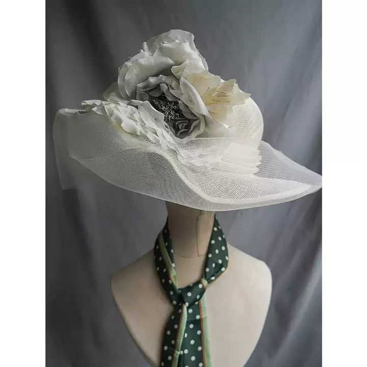 Vintage-Inspired Wide-Brimmed White Hat - Ladies Bowler Hat with Floral and Tulle