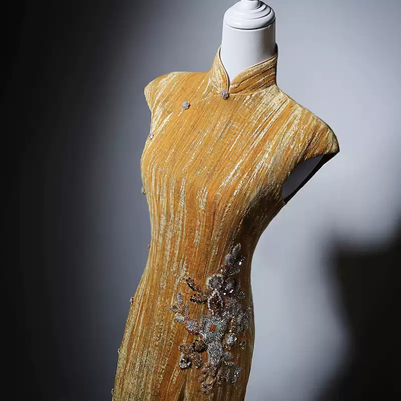 Golden Cheongsam Dress with Sleeveless Design - Golden Yellow Embroidered Formal Evening Gown with Buttons Plus Size