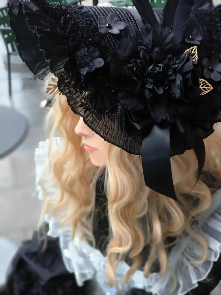 Gothic Black Hat with Floral Embellished - Black Lolita Hat with Lace Embellished