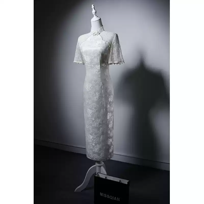 White Cheongsam Dress with Lace Sleeves - Elegant Formal Embroidered Qipao Gown with High Collar Plus Size