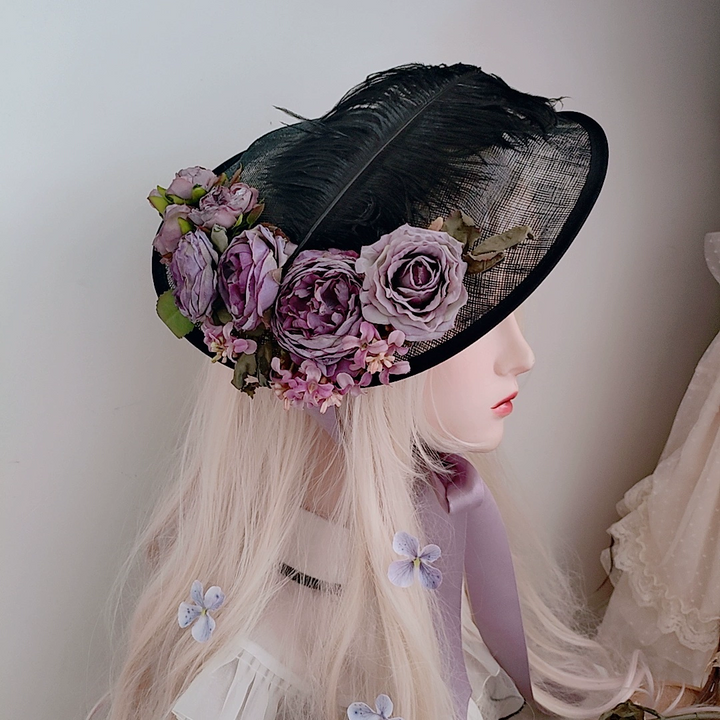 Gothic Black Hat with Purple Floral Embellishments - Lolita Black Hat with Feather