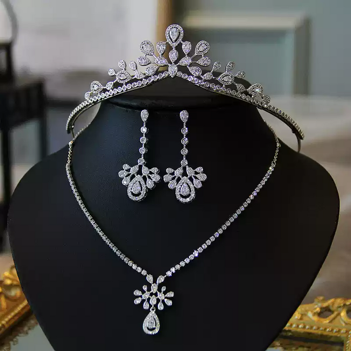 Princess Crown Headpiece and Earrings Set – Diamond-Embellished Bridal Tiara