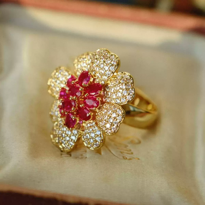 Bloom of Ruby Dreams – Vintage Floral Ring - Ruby Begonia