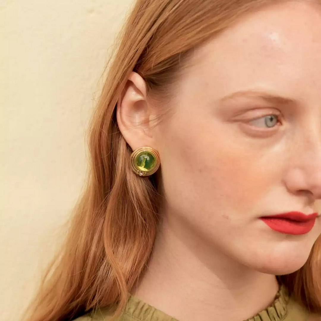 Vintage-Inspired Cabochon Studs with Olive Resin and Gold Accents - Green Grape
