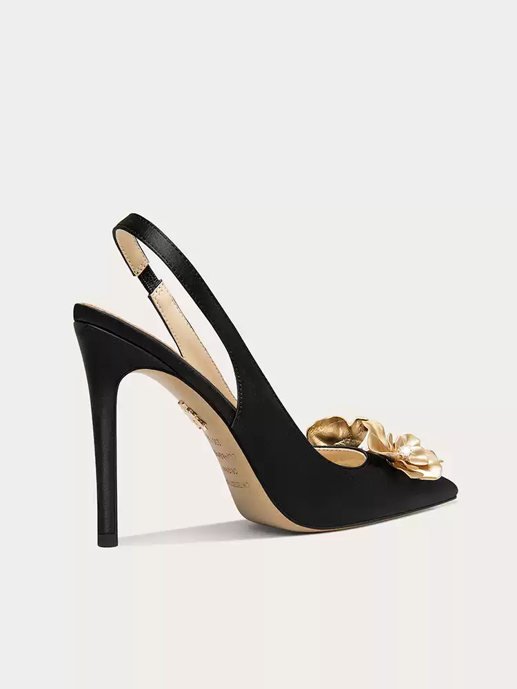 Gothic-Inspired Gold Flower Satin High Heels for Evening Wear