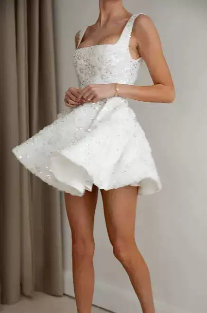 Short Bridal Wedding Dress with Sleeveless Design and Square Neckline  – Sequin Wedding Dress Beaded Plus Size