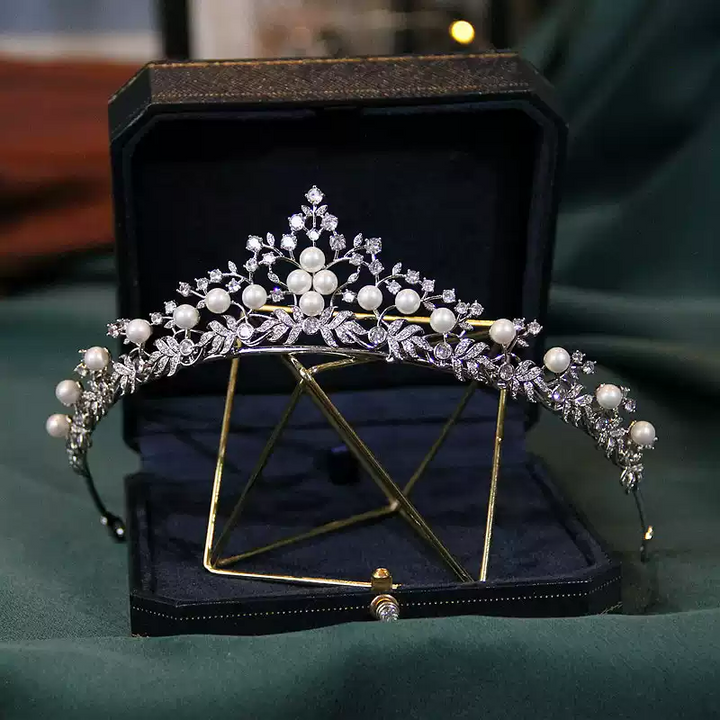 Elegant  Bridal Pearl Crown with Zircon Stones – Headpieces for Wedding