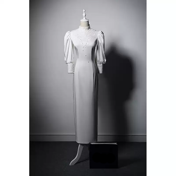 Luxury White Cheongsam Dress Long Sleeve with Embroidered Lace – White Cheongsam Dress  with Puff Sleeves and High-Neck Plus Size