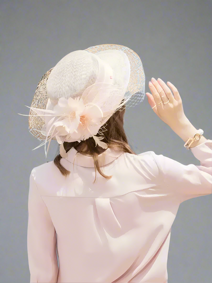 Handmade Garden Party White Fascinator - Vintage Bridal Hat with Feather and Lace Accents