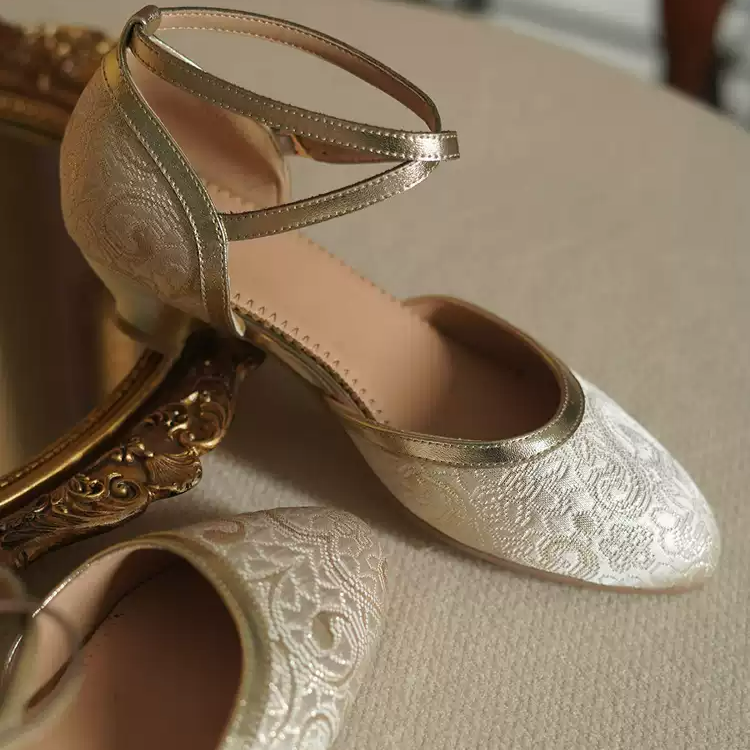 "Golden Reverie" – Handmade Vintage Brocade Low Heel Mary Jane Shoes