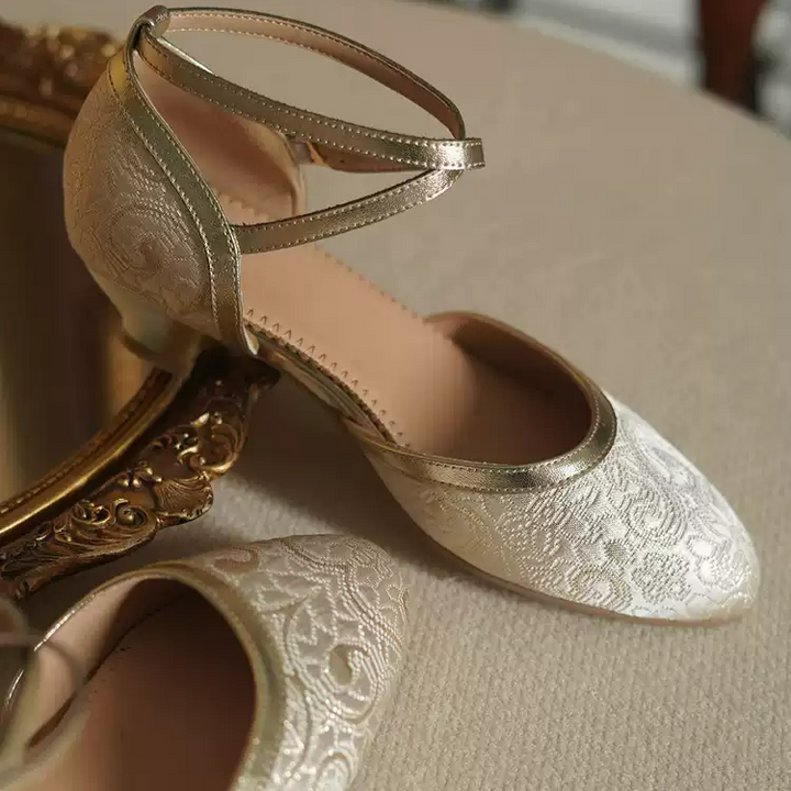 "Golden Reverie" – Handmade Vintage Brocade Low Heel Mary Jane Shoes