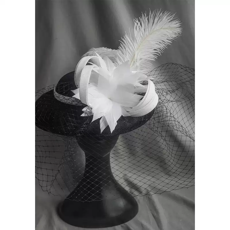 Dramatic Black Fascinator Hat with Feather - Black Bowler Hat with Feathers and Veil