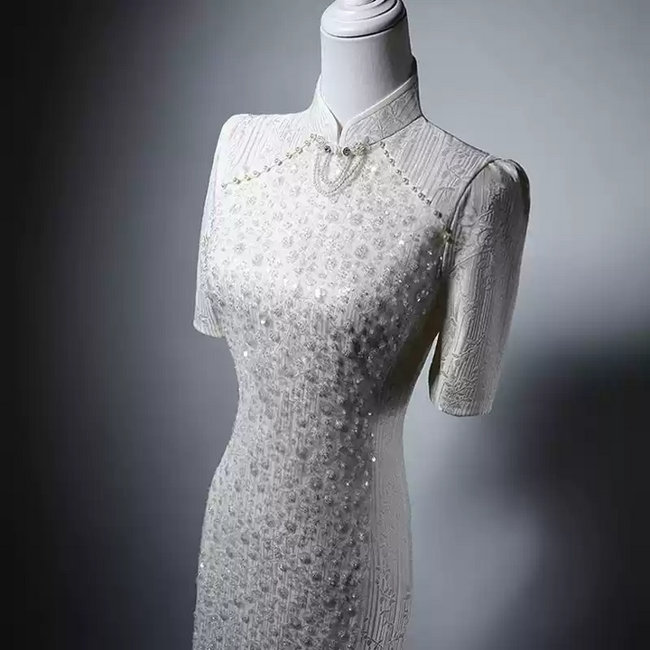 White Cheongsam Dress with Beaded Embellishments – Elegant Designer Modern Qipao with Short-Sleeve Plus Size