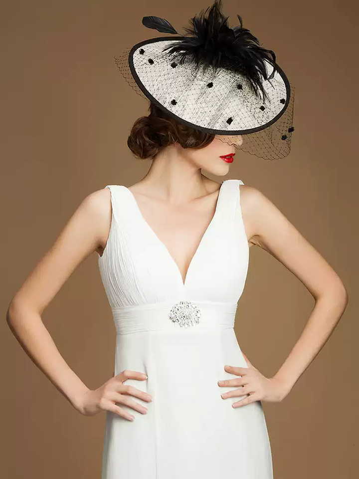 Elegant White and Black Fascinator Hat - Black and White Hat with Feather and Veil