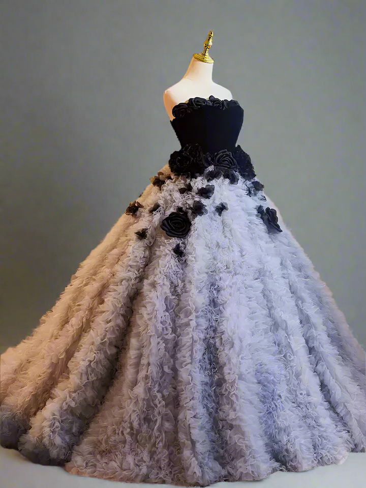 Gothic Black and Grey Ball Gown with Corset Back - Tiered Tulle Dress with Floral Accessories - Layered Tulle Ruffle Dress Plus Size