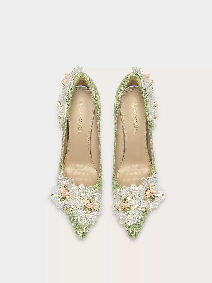 Lolita Vintage Tweed Heels with Floral Embellishments