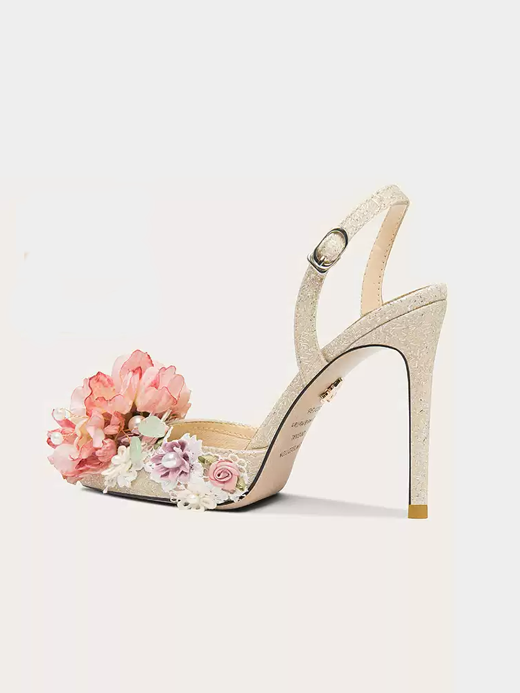 Champagne Floral Embellished Glitter High Heel Sandals - Summer Designer Style