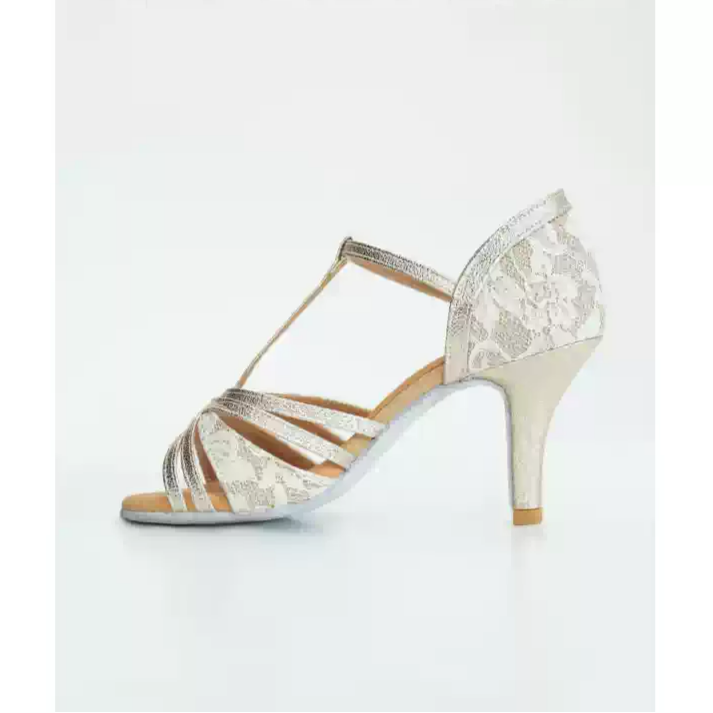 Moonlace Glow – Handmade Silver T-Strap Salsa Shoes with Floral Lace Overlay